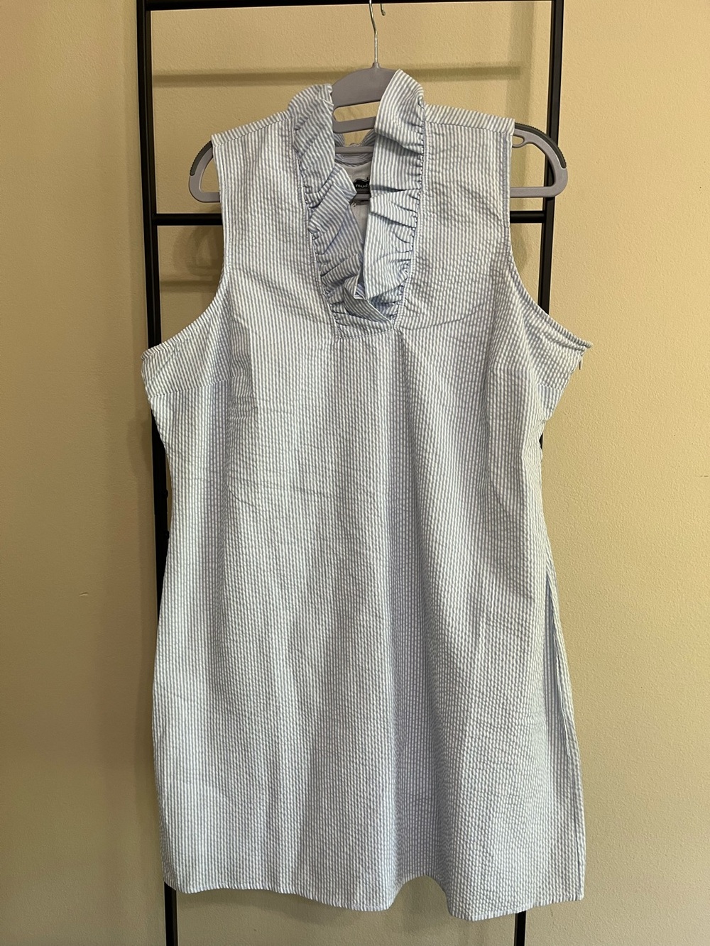 Mud Pie Light Blue and White Seersucker Ruffle V-Neck Sleeveless Dress